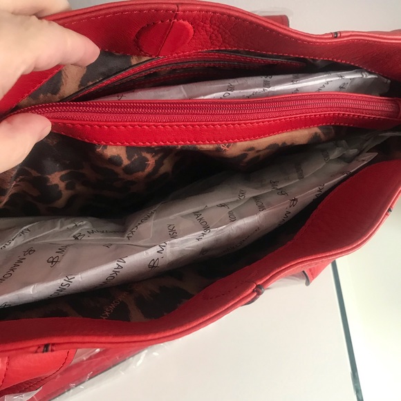 B.Makowsky Lipstick Red Golden Hardware Soft Genuine Leather Large Tote Bag - Picture 13 of 16